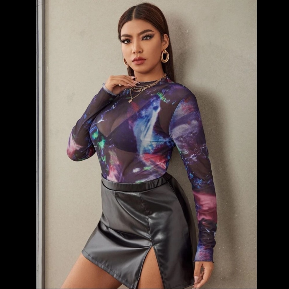 Plus Size Graphic Print Sheer Bodysuit